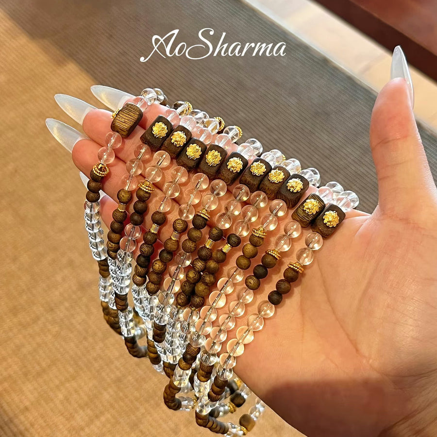Natural Agarwood & Clear Crystal Beaded Bracelet